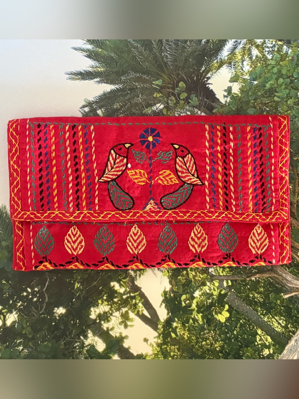 Hand-Embroidered Red Clutch‎ with Bird Motif
